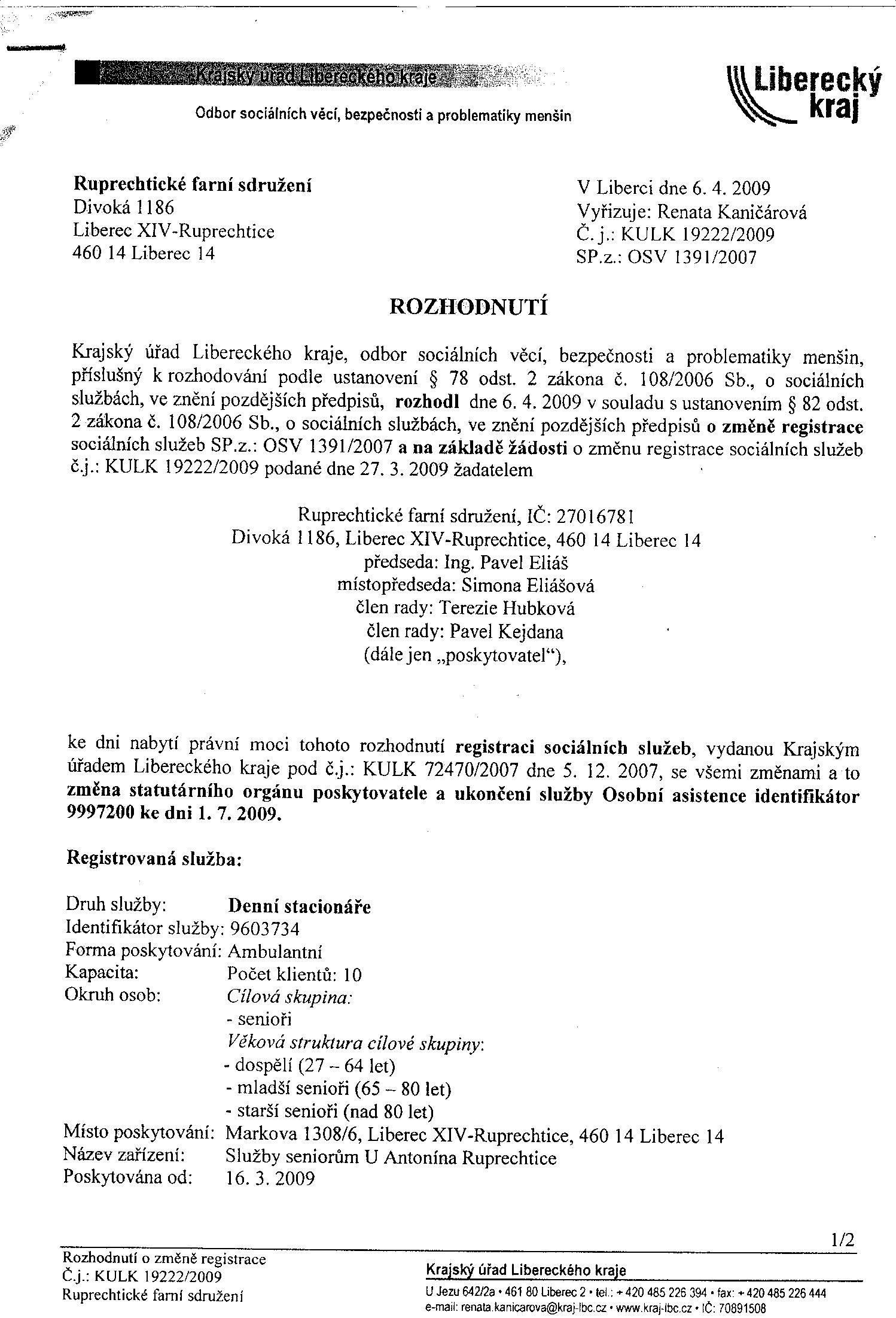 první strana registrace
